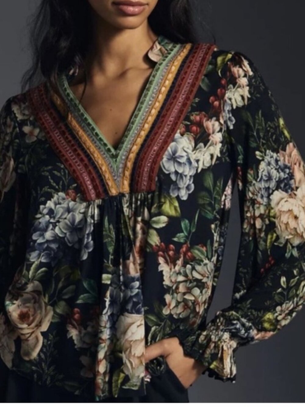 Bl^nk London Anthropologie Stephanie Blouse Floral V-Neck Long Sleeve Sz S